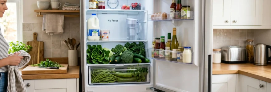 Bac à légumes plein de courgettes, haricots verts et épinards frais dans un réfrigérateur No Frost ouvert