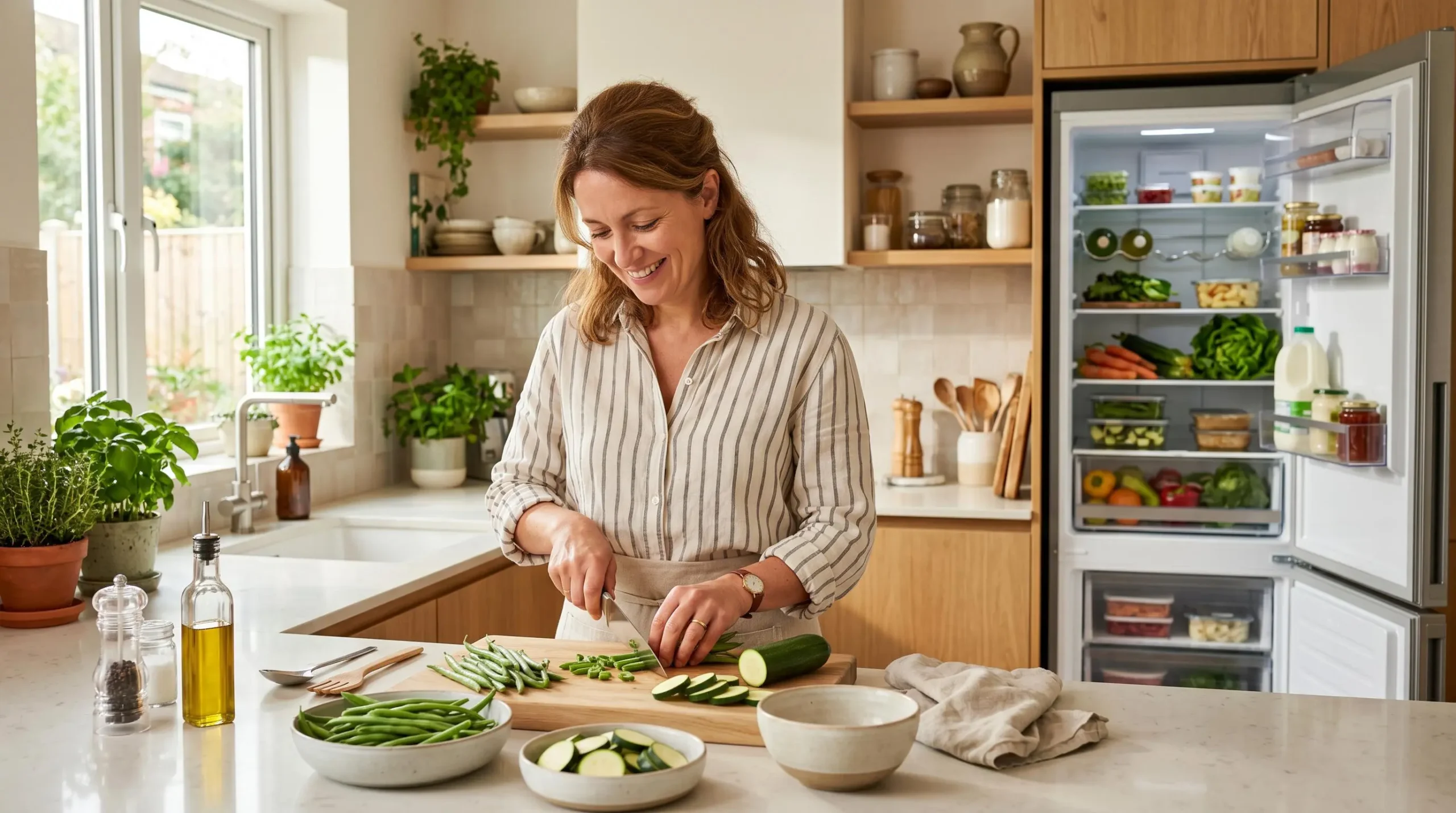 Femme en cuisine préparant des légumes verts frais sortis d'un réfrigérateur No Frost, haricots verts et courgettes sur plan de travail